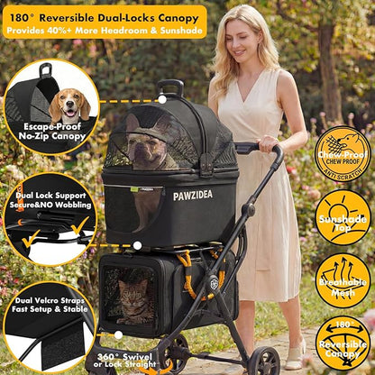 PAWZIDEA Double Pet Stroller with 2 Detachable Carrier, Lightweight Portable Travel Crate & Car Seat Combo & TSA-Approved Expandable Carrier, Foldable Jogger Stroller for 2–4 Cats or Small/Medium Dogs