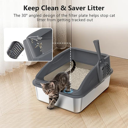 Stainless Steel Litter Box, Metal Kitty Litter Box with Scoop, Anti-Leakage Top Entry, Non-Sticky, Easy to Clean
