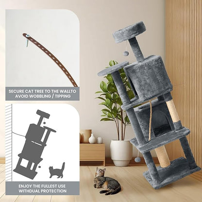 58in Large Cat Tree Tower for Indoor Cats with Soft Plush Hang Ball, Two Condos, Sisal Scratch Posts & Rope Play for Kittens/Adult Cats, Grey