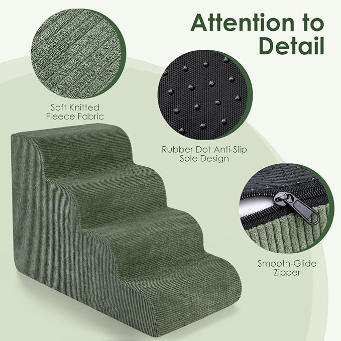 Dog Stairs for Small Dogs 17.7" H, 4-Step Dog Ramp for Aged and Injured Dogs, Foam Pet Stairs for Cats to Get on Bed, Couch or Chair, Non-Slip, Steady, Washable Cover, Green