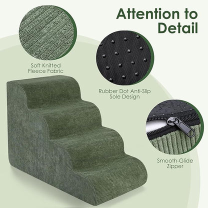 Dog Stairs for Small Dogs 17.7" H, 4-Step Dog Ramp for Aged and Injured Dogs, Foam Pet Stairs for Cats to Get on Bed, Couch or Chair, Non-Slip, Steady, Washable Cover, Green