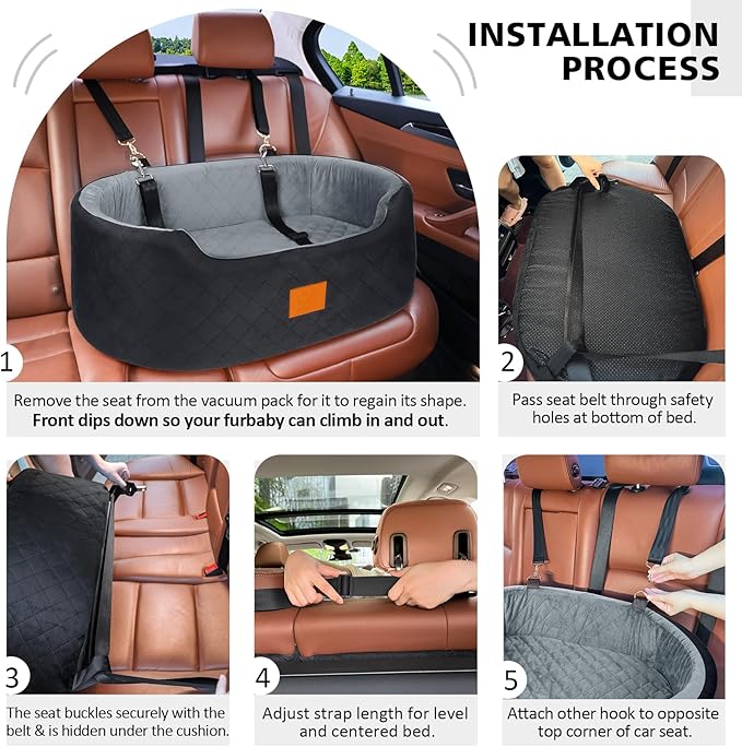 Dog Car Seat for Medium Dogs Up to 50 lbs, Pet Booster Seat for Cars SUVs and Trucks,Washable & Detachable Dog Car Bed with Safety Strap, Thick Cushion, Non-Slip Base(Black/Gray