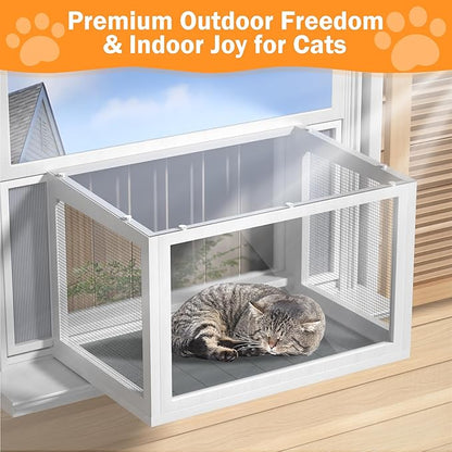 Cat Window Box Catio, Outdoor Indoor Cat Enclosure with Clear Panels, Mesh Sides & PVC Curtain, Universal Window Perch for Windows 25"–43", Window Catio for Sunbathing, Napping & Overlooking,Walnut