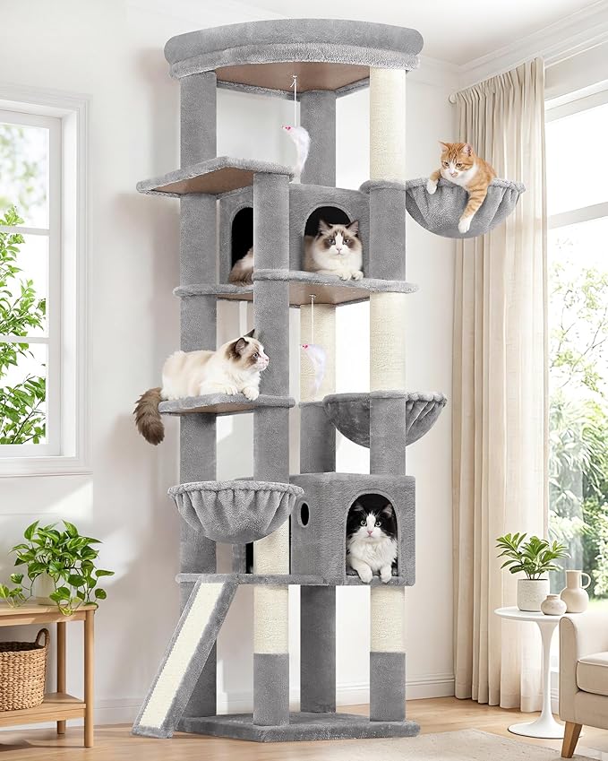 Globlazer Extra Large Cat Tree, 78 inch Sturdy Tall Cat Tree Tower for Indoor Multiple Large Adult Cats Kittens with 6 Scratching Posts, Enlarged Top Perch, 2 Padded Condos, S78G, Light Grey