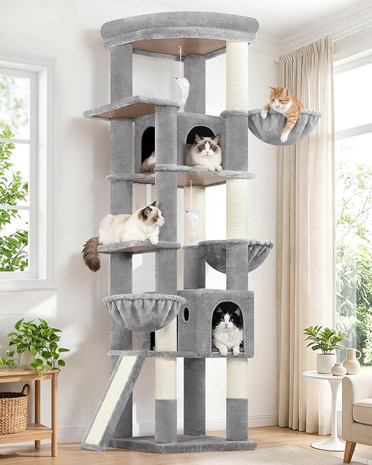Globlazer Extra Large Cat Tree, 78 inch Sturdy Tall Cat Tree Tower for Indoor Multiple Large Adult Cats Kittens with 6 Scratching Posts, Enlarged Top Perch, 2 Padded Condos, S78G, Light Grey