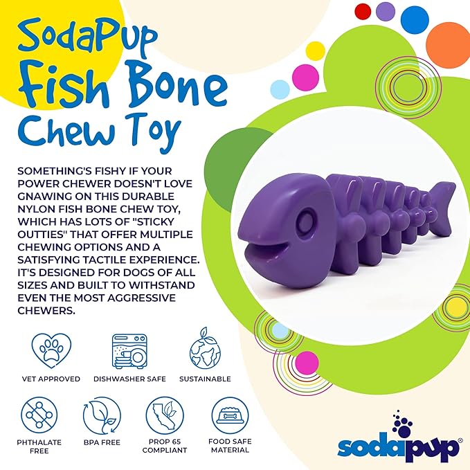 SodaPup Fish Bone – Durable Dog Chew Toy Made in USA from Non-Toxic, Pet Safe, Food Safe, Nylon Material for Mental Stimulation, Clean Teeth, Fresh Breath, Problem Chewing, Calming Nerves, & More