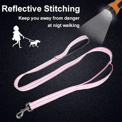 Dual Padded Handle Standard Dog Leashes with Reflective Stitching,360° Rotatable Heavy Duty Metal Buckle,D-Ring,Durable Nylon,for Medium Sized Dogs from 20 to 60 Pounds Walking and Training Pink 5Ft