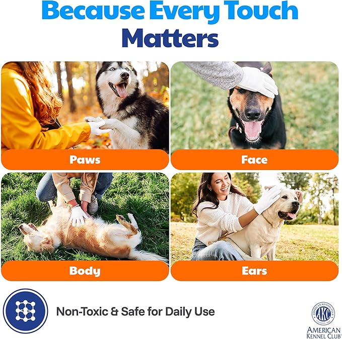 AKC Coconut-Scented Dog Bathing Glove Wipes, 6 Pack, No-Rinse Deodorizing Gloves for All Dog Sizes & Fur Types, Waterless Quick Cleaning for Paws, Fur & Travel