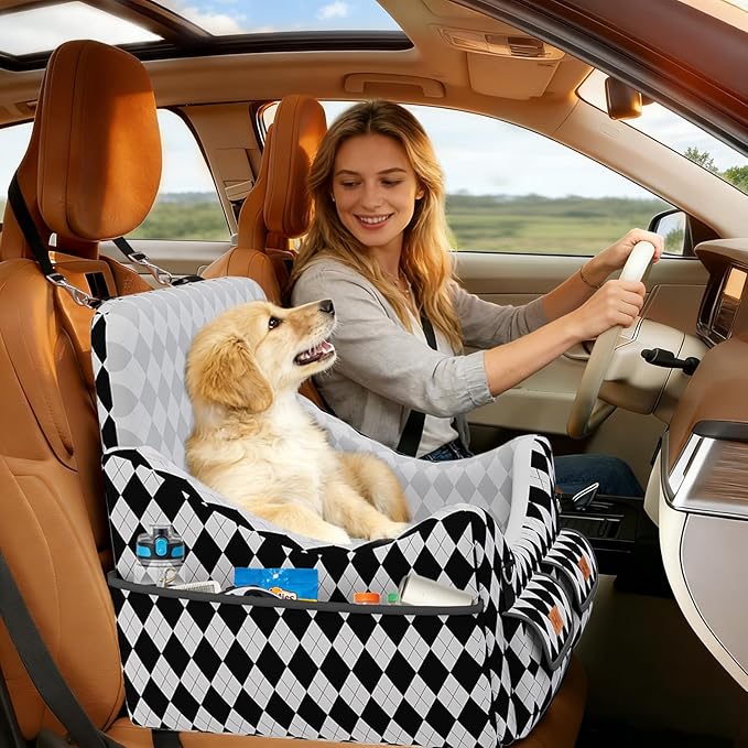 Dog Car Seat for Small/Medium Dogs up to 35lbs, 4-Pocket Storage Memory Foam Dog Booster Seat, Detachable Washable Pet Car Seat with Safety Belt, Outdoor & Indoor Use (Black/White)