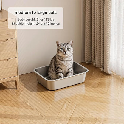 Stainless Steel Litter Box - Metal Small Cat Kitty Litter Box Pan, Indoor Low Entry Litterbox Tray, Odor-Free, Non-Stick, Easy Cleaning Pet Toilet Supplies for Kitten, Rabbit, Dog