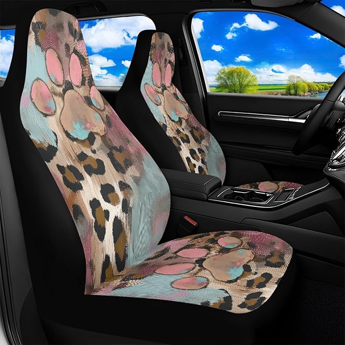 Pink Paw Print Car Seat Cover Waterproof Non-Slip Auto Front Seat Covers Leopard Print Car Bucket Seat Cover Protective Automobile Accessories Interior Universal Fit for Truck Sedan SUV