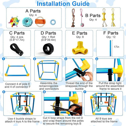Puppy Play Gym with 8 Hanging Toys - Indoor Jungle Gym for Small Dogs, Interactive Enrichment Activity Center for Puppies, 19.5" PVC Frame with Teething Squeaky Toys to Keep Them Busy