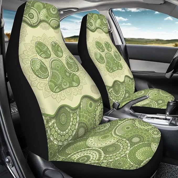Dreaweet Boho Dog Paw Print Car Seat Covers for Women Green 2 Piece Car Front Seat Cover Washable Universal Bucket Seat Covers for Cars SUV Sedan Trucks