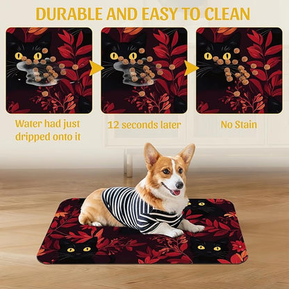 Black Cat Forest Pet Feeding Mat, Fast-Dry Absorbent Dog and Cat Bowl Mat, Waterproof Non-Slip Base for Messy Eaters, Indoor Pet Accessories – 16x24 Inch