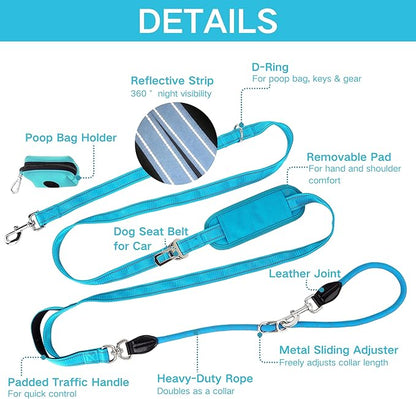10FT Hands Free Dog Leash for Small Medium Large Dogs, Heavy Duty Reflective Dog Leash with Traffic Handle, Seat Belt Buckle & Poop Bag Holder (Blue)