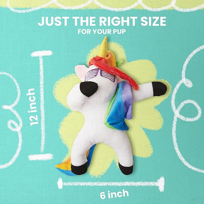 Snugarooz Dab The Unicorn with Repair Patch – Trendy Plush Dog Toy, Embroidered Sunglasses & Rainbow Mane – Non-Toxic & Durable for Endless Play