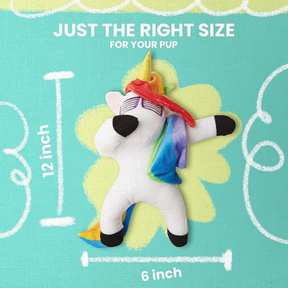 Snugarooz Dab The Unicorn with Repair Patch – Trendy Plush Dog Toy, Embroidered Sunglasses & Rainbow Mane – Non-Toxic & Durable for Endless Play