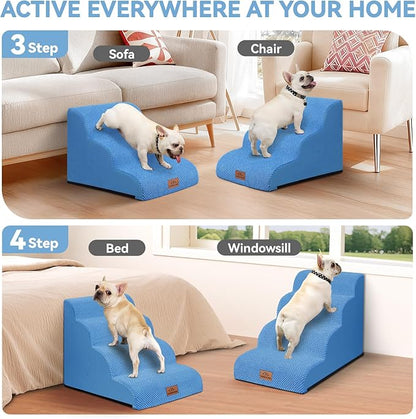 Dog Ramp and Stair for Bed 16" H-20 H,3-Step Cat Stair for Sofa and Chair,4-Step Dog Ramp for High Bed and Window,Durable Nonslip Fabric Cover for Indoor (Blue-16“H, Pet Friendly, 3)