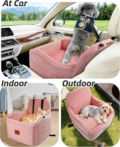 Lealchum Dog Booster Car Seat for Small/Medium Dogs,Soft Puppy Portable Car Seat with Elevated Cushion,Fits in Front/Back Seat,Fully Detachable and Washable,Easy to Install (Pink, Medium)