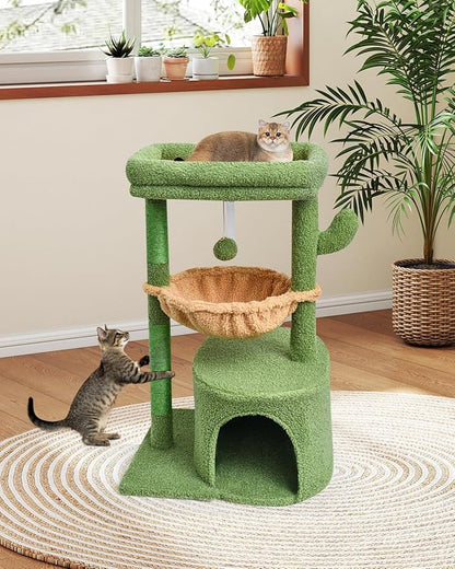 SYANDLVY Cactus Cat Tree for Indoor Cats, Green Activity Cat Tower with Scratching Post for Kittens, Modern Cat Furniture with Basket & Hanging Ball for Play Rest