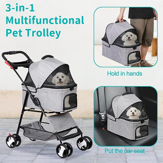 Pet Stroller 4 Wheels Dog Cat Stroller, Detachable Carrier Travel Folding Carrier for Small Medium Dog Cats (Grey)