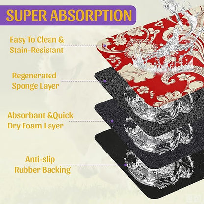 Red White Paisley Pet Food Mat, Absorbent Feeding Pad for Dogs and Cats, Waterproof Anti-Slip Base – 16x24 Inch
