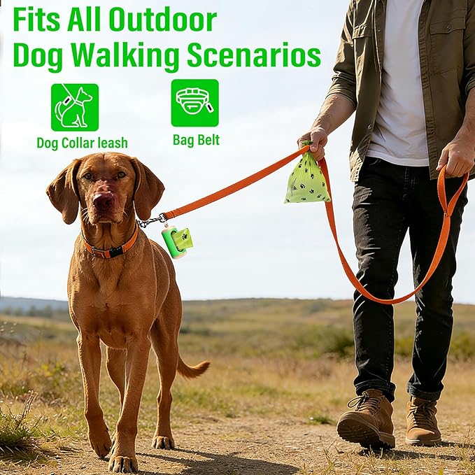 Dog Poop Bag Dispenser, Upgraded Aluminum Poop bag Holders for Leashes, Durable Leakproof Pet Waste Holder w/Carabiner Clip, 2 Rolls Waste Bags Included, Outdoor Dog Walking Travel (Green)