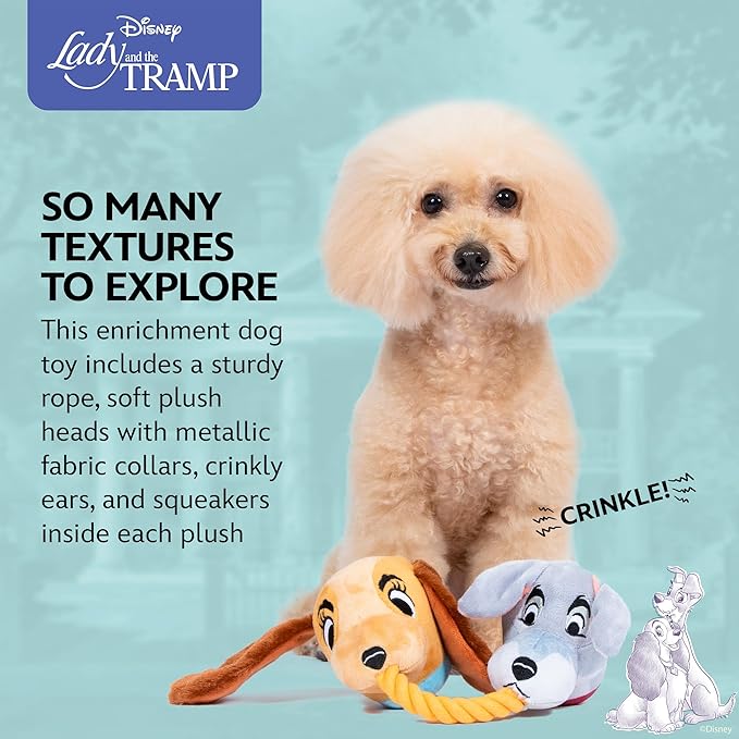 Disney for Pets Lady and The Tramp Rope Pet Toy 14in Dog Toys | Rope Tug Toy for Dogs Inspired by Lady and The Tramp with Crinkle and Squeaker