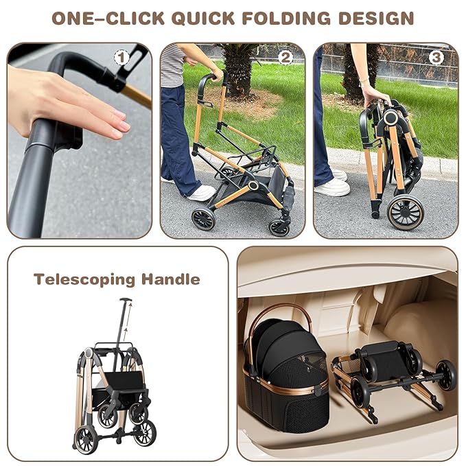 4 Wheels Pet Stroller for Small Medium Dogs Cats Up to 45 lbs Folding Dog Stroller with Detachable Breathable Carrier Suitable for Car Seat, Hand Carry & Travel, All Terrain, 3 in 1 Multifunctional