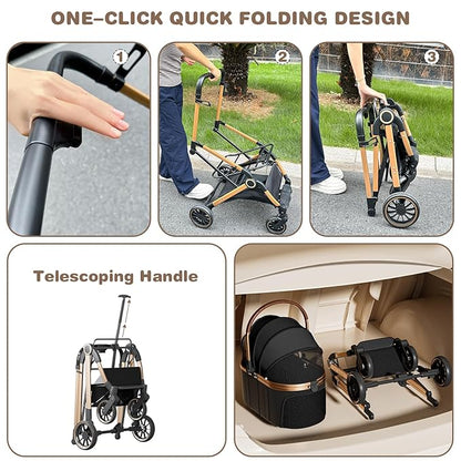 4 Wheels Pet Stroller for Small Medium Dogs Cats Up to 45 lbs Folding Dog Stroller with Detachable Breathable Carrier Suitable for Car Seat, Hand Carry & Travel, All Terrain, 3 in 1 Multifunctional