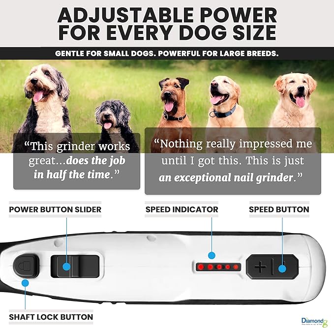 Diamondg Cordless Dog Nail Grinder with Quiet Sound & LED Tip for Large & Small Dogs, 4hrs. Runtime - Electric Dog Nail Trimmer, Heavy Duty Rotary Tool Alternative to Toenail Clippers & Filers