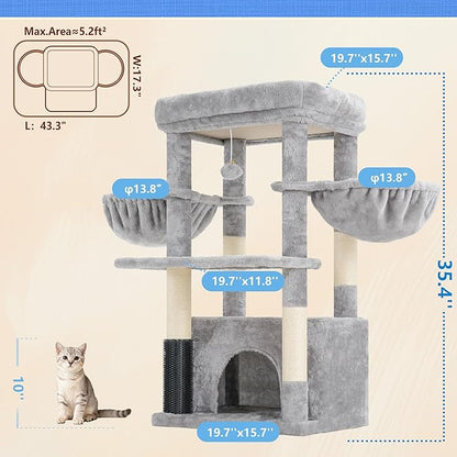 Hey-brother Cat Tree Tower with Extra Large Platform, Spacious Condo, 2 Cozy Hammocks, Self-Grooming Brush, Sisal Scratching Posts for Big Indoor Adult, Maine Coon, 35.4 Inches, Light Gray MPJ060W