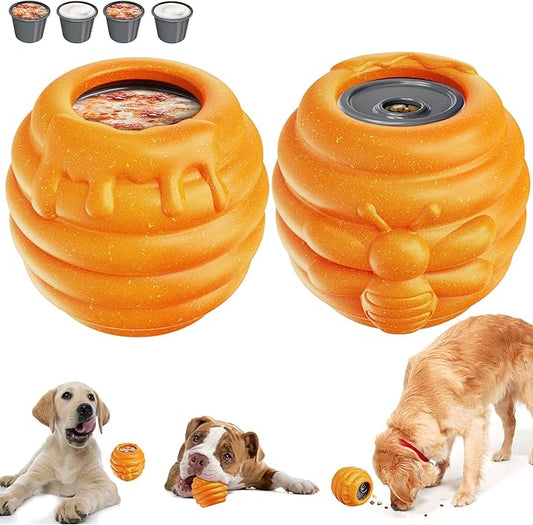 3 in 1 Durable Dog Toys for Aggressive Chewers 2 Pack, Dog Treat Dispenser and Enrichment Licking Toys in Honey Pot Shape, Boredom Killing and Mental Stimulation Toys for Large Dogs to Keep Them Busy