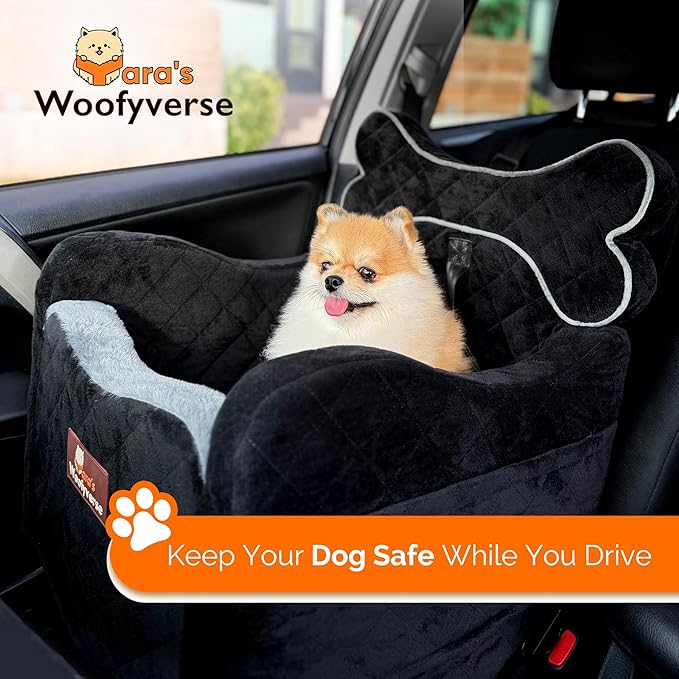 Yara’s Woofyverse Dog Seat for Car – Booster Seat for Small & Medium Dogs with Adjustable Cushions, Fur-Lined Headrest & 6-Pocket Storage – Portable Pet Car Seat for Front/Back Travel – Midnight Ash