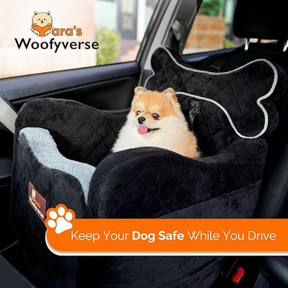 Yara’s Woofyverse Dog Seat for Car – Booster Seat for Small & Medium Dogs with Adjustable Cushions, Fur-Lined Headrest & 6-Pocket Storage – Portable Pet Car Seat for Front/Back Travel – Midnight Ash