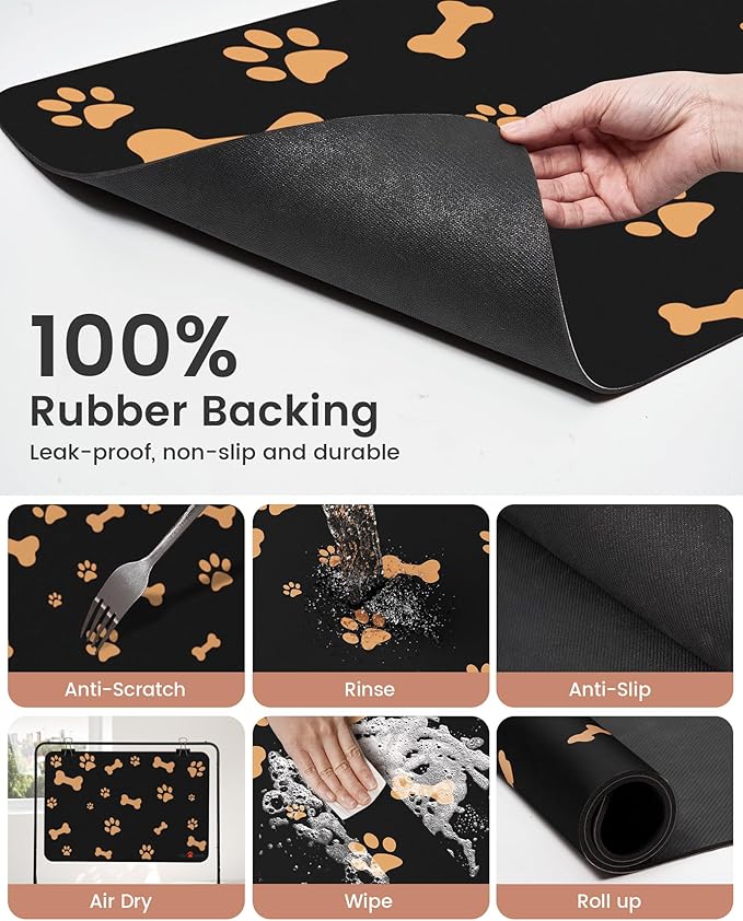 Cat Dog Food Mat, Rapid Water Absorption Dog Mat for Food and Water,100% Waterproof Cat Dog Bowl Mat, 16"x27"-Black