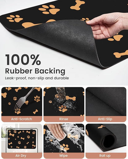 Cat Dog Food Mat, Rapid Water Absorption Dog Mat for Food and Water,100% Waterproof Cat Dog Bowl Mat, 16"x27"-Black