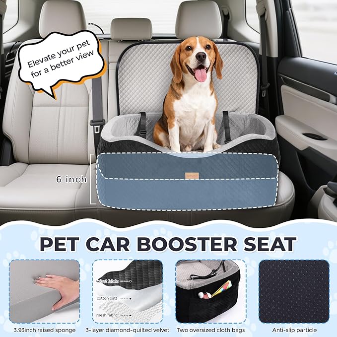 Dog Car Seat for Large Dogs up to 60 lbs or 2 Small Dogs with 4" Memory Foam, Back Seat Medium Pet Booster Seat with Triple Safety Belts, Adjustable Leashes, Detachable/Washable (Black/Gray, Large)