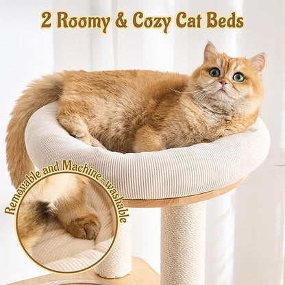 Modern Solid Wood Cat Tree for Indoor Cats Up to 15lbs, 60" Tall & Wide Cat Tower with Scratching Posts, Scratcher & Self-Grooming, Large Cat Beds, Capsule Nest, Multi-Level Cat Furniture