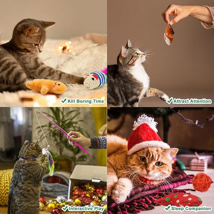 12Pcs Christmas Stocking Cat Toys, Xmas Cat Toys Set with Catnip Plush Toy, Mice Feather Toys, Cat Wand, Pet Supplies for Kitten Toys Interactive Play Indoor Cats Christmas Decorations