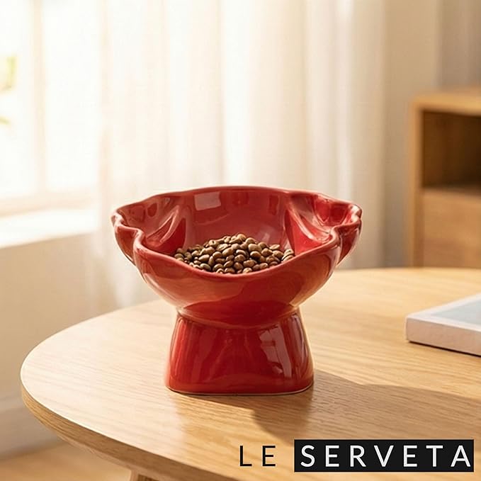 Ceramic Raised Pet Slow Feeder Bowl, Elevated Cat and Dog Slow Feeder, Decorative Standing Doggy Design, Anti-Slip Base, Anti-Vomiting (Red)
