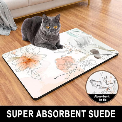 Dog Food Mat, 16" x 24" Absorbent Dog Cat Bowl Mat for Food and Water, Cute Anti-Slip Rubber Pet Feeding Rug Protect Floors, Placemat for Feeding & Watering Supplies, Watercolor Flowers