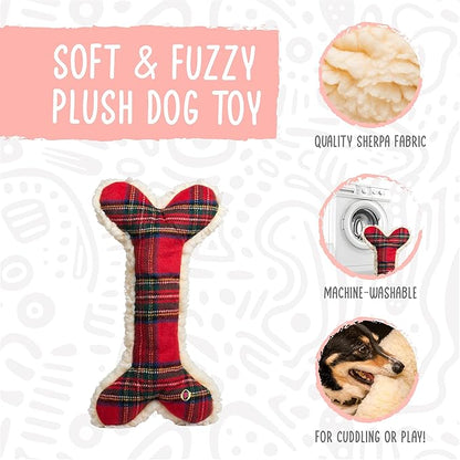 HuggleHounds Tartan Tidings Plush Bone Dog Toy - Dog Fuzzy Bone Toy, Soft Fleece, Durable, Stuffed Plush for Large Breeds, Puppies, Faux Sheepskin - 24" (1 Pack)
