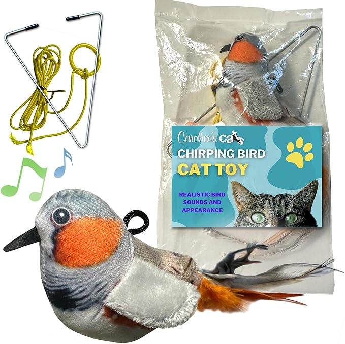 Caroline's Cats Plush Chirping Bird Cat Toy on Elastic String with Doorway Hanger - No Flimsy Suction Cups; Real Electronic Avian Sounds