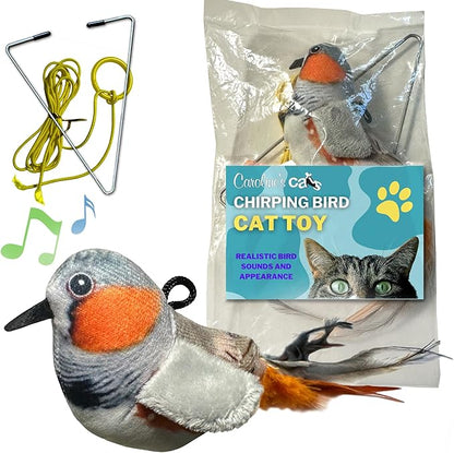 Caroline's Cats Plush Chirping Bird Cat Toy on Elastic String with Doorway Hanger - No Flimsy Suction Cups; Real Electronic Avian Sounds