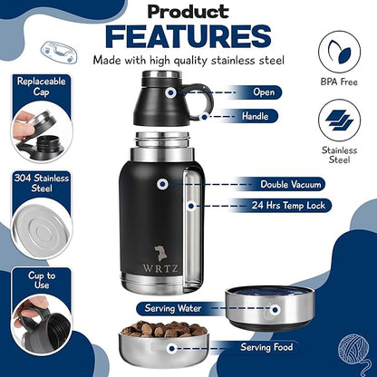 Portable Dog Water Bottle with 2 Removable Water Bowls for Dogs – Leak-Proof Insulated Stainless Steel Dog Water Bottle - Travel Accessories for Dogs - 32oz - Black