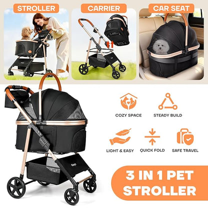 Dog Cat Stroller for Small/Medium Pets up to 50 lbs, 3-in-1 Foldable Pet Stroller with Detachable Carrier, Car Seat, Storage Basket, Cup Holder, Hanging Bag, Rain Cover, All-Terrain 4 Wheels (Black)