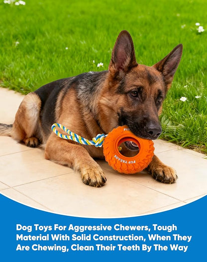 Deeow Dog Tire Toy, Treat Dispensing Chew Toy for Teething Clean and Dental Care, Natural Rubber Dog Toy for Fetching Game, Tug-of-war Interactive Slow Feeder Enrichment Pet Toy-Orange