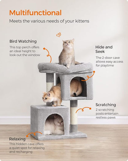 Feandrea Cat Tree, 26.4-Inch Cat Tower, Plush Condo for Kittens up to 7 lb, Large Perch, 2 Caves, Scratching Post, Light Gray UPCT611W01