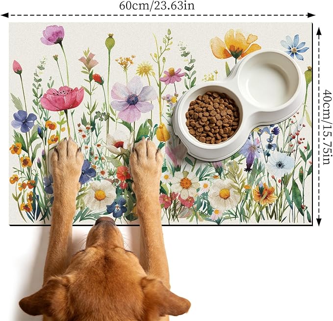 Dog Cat Food Mat - Absorbent Anti Slip Dog Bowl Mats for Food and Water, Quick Dry Cat Feeding Matts for Floors, Diatomite Pet Dish Placemat Accessories Supplies, Wildflower Style, 16 * 24in
